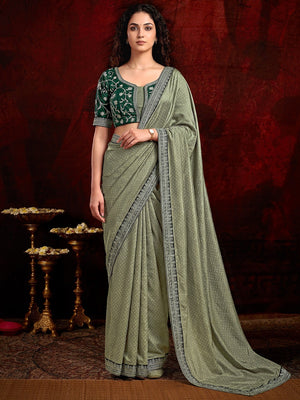 Stylish Green Vichitra Silk Saree Highlighted With Foil Print & Elegant Embroidered Border - Image 1