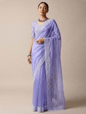 Premium Lavender Solid Twill Net Saree Accentuated With Floral Embroidered Border Detailing - Image 1