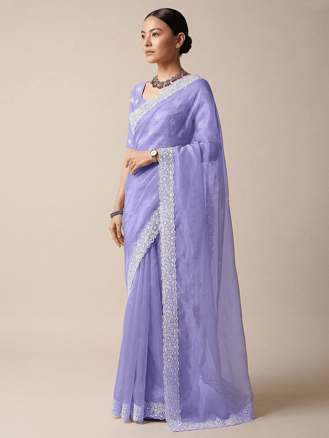 Premium Lavender Solid Twill Net Saree Accentuated With Floral Embroidered Border Detailing - Image 5