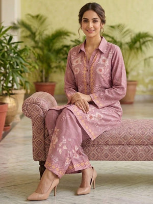 Stylish Dusty Pink Muslin Top and Palazzo Set with Floral Design Easy Fit Wear - Image 2