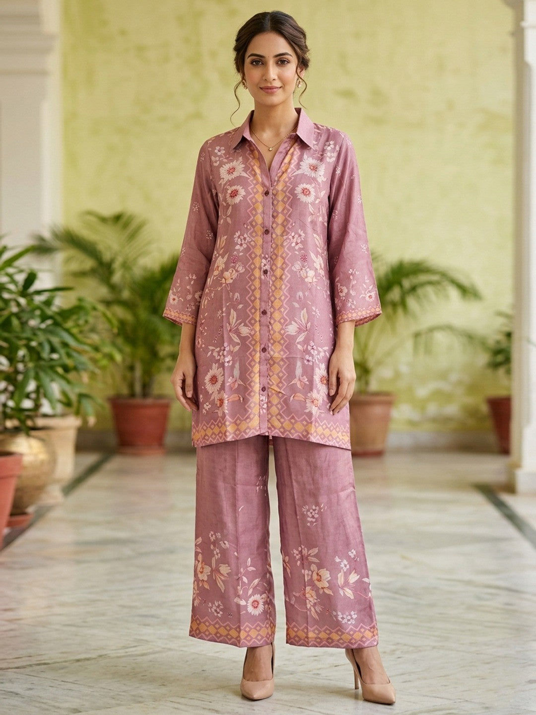 Stylish Dusty Pink Muslin Top and Palazzo Set with Floral Design Easy Fit Wear - Image 1