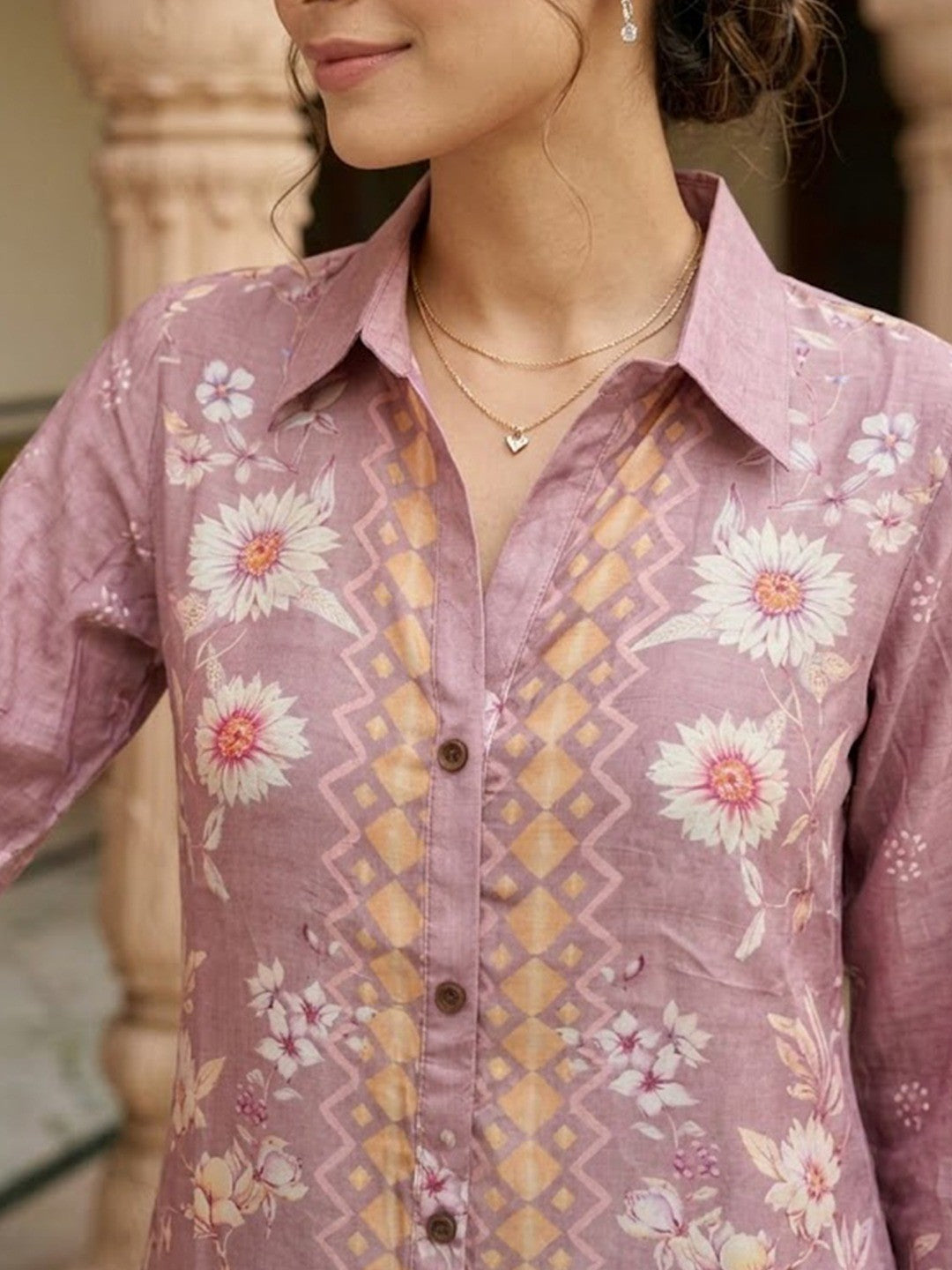 Stylish Dusty Pink Muslin Top and Palazzo Set with Floral Design Easy Fit Wear - Image 4