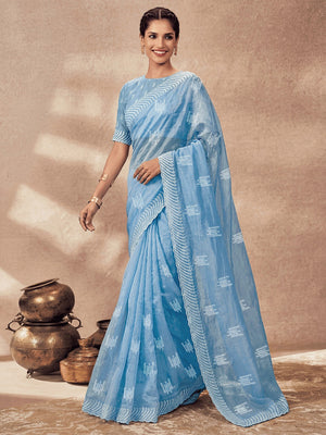 Charming Sky Blue Twill Net Saree Showcasing Detailed Thread Embroidered Work - Image 2