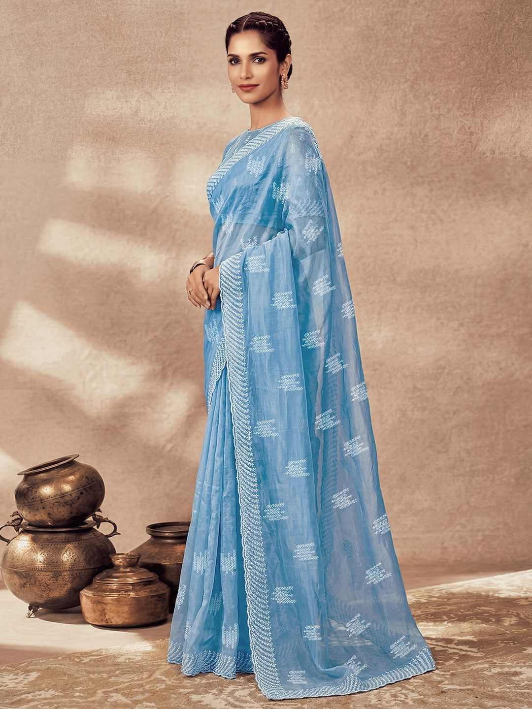 Charming Sky Blue Twill Net Saree Showcasing Detailed Thread Embroidered Work - Image 3