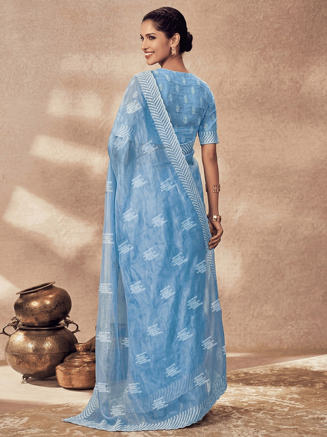 Charming Sky Blue Twill Net Saree Showcasing Detailed Thread Embroidered Work - Image 4