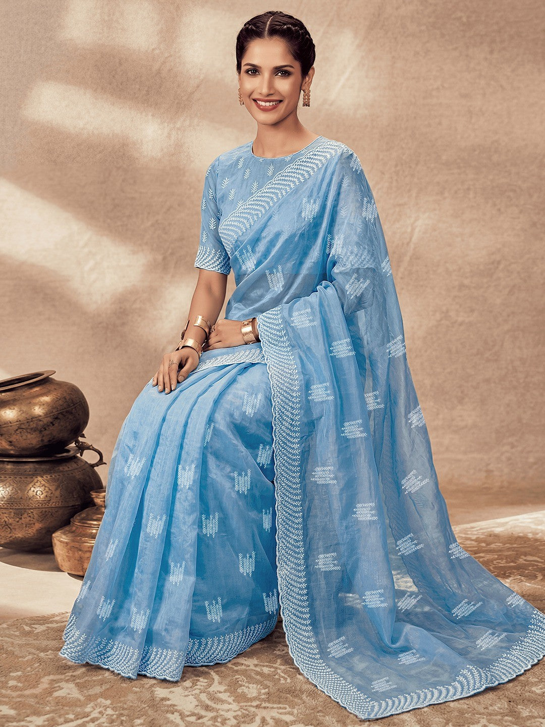 Charming Sky Blue Twill Net Saree Showcasing Detailed Thread Embroidered Work - Image 5