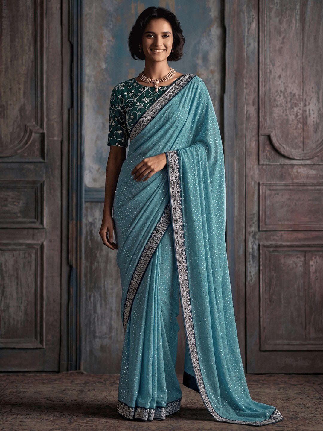 Stylish Blue Vichitra Silk Saree Highlighted With Foil Print & Elegant Embroidered Border - Image 1