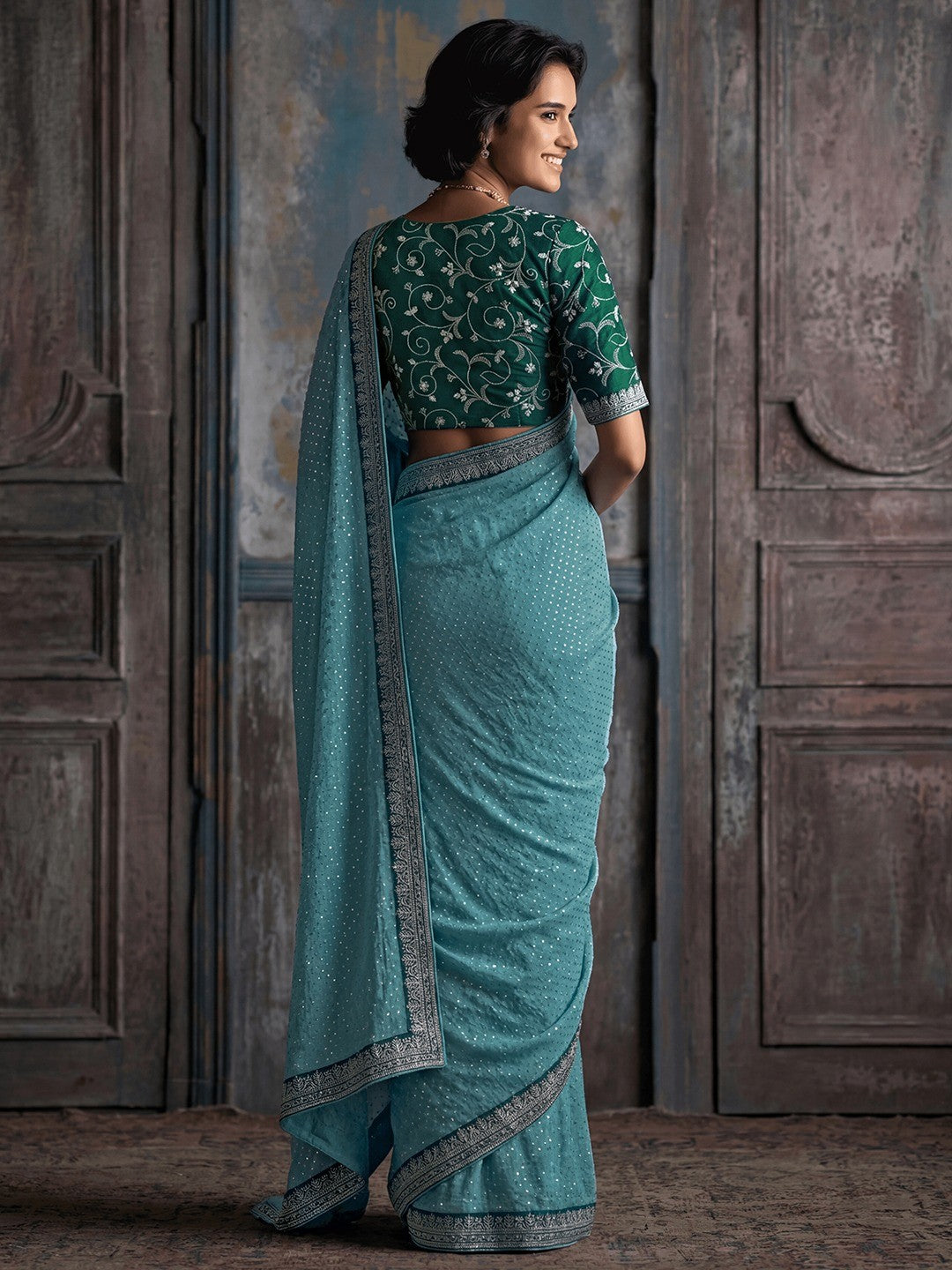 Stylish Blue Vichitra Silk Saree Highlighted With Foil Print & Elegant Embroidered Border - Image 3