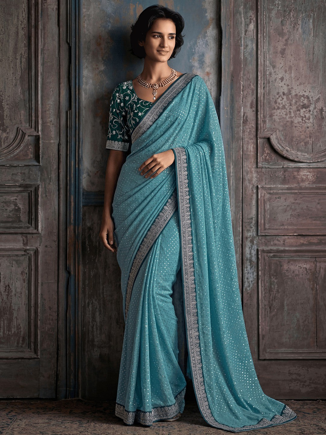 Stylish Blue Vichitra Silk Saree Highlighted With Foil Print & Elegant Embroidered Border - Image 5