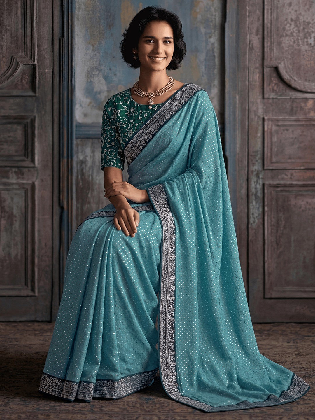 Stylish Blue Vichitra Silk Saree Highlighted With Foil Print & Elegant Embroidered Border - Image 4