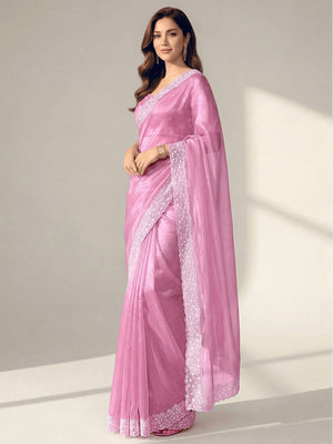 Premium Pink Solid Twill Net Saree Accentuated With Floral Embroidered Border Detailing - Image 2