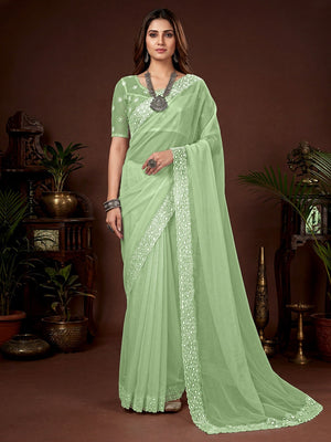 Premium Pista Green Solid Twill Net Saree Accentuated With Floral Embroidered Border Detailing - Image 1