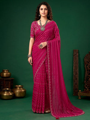 Trendy Rani Pink Chiffon Saree Embellished With Swarovski Work & Zari Stripes - Image 1