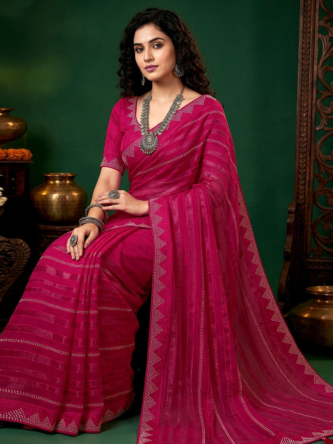 Trendy Rani Pink Chiffon Saree Embellished With Swarovski Work & Zari Stripes - Image 4