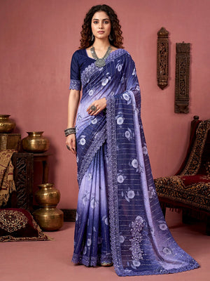 Sophisticated Navy Blue Floral Printed Lycra Saree With Ornate Embroidered Lace Border - Image 1