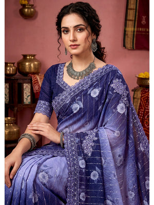 Sophisticated Navy Blue Floral Printed Lycra Saree With Ornate Embroidered Lace Border - Image 2
