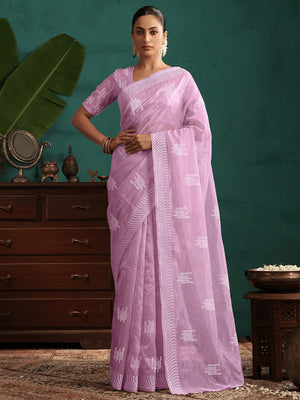 Charming Light Lavender Twill Net Saree Showcasing Detailed Thread Embroidered Work - Image 1