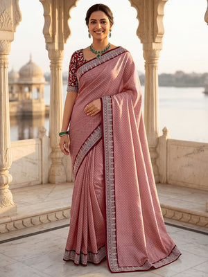 Stylish Dusty Peach Vichitra Silk Saree Highlighted With Foil Print & Elegant Embroidered Border - Image 1