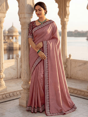 Stylish Dusty Peach Vichitra Silk Saree Highlighted With Foil Print & Elegant Embroidered Border - Image 2