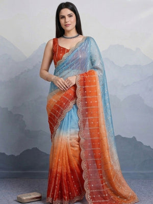Stunning Blue & Orange Ombre Organza Satin Silk Saree With Sequins Embroidery & Scalloped Border - Image 1
