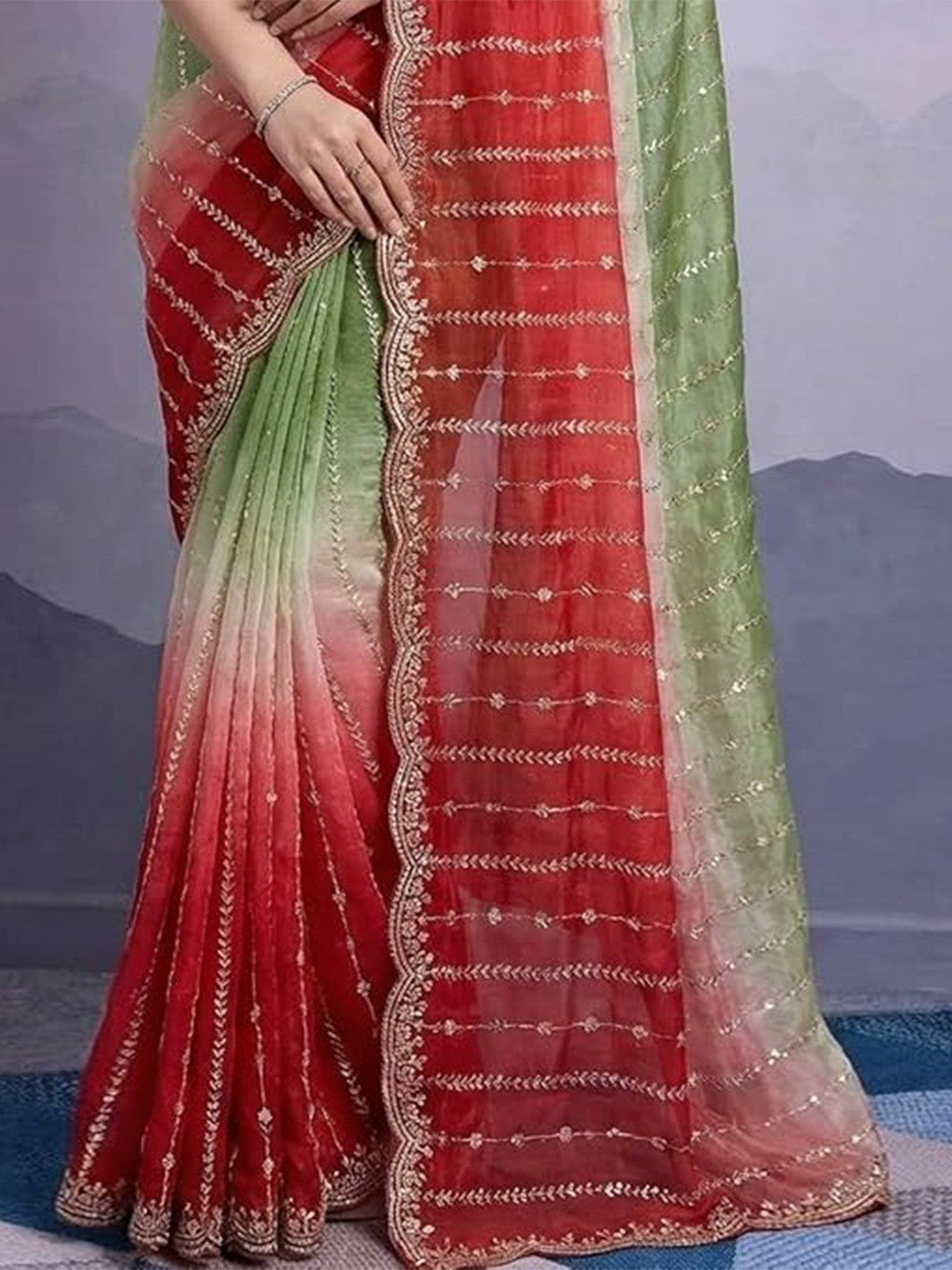 Stunning Green & Red Ombre Organza Satin Silk Saree With Sequins Embroidery & Scalloped Border - Image 3