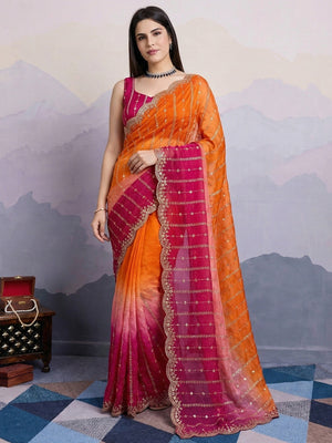 Stunning Orange & Rani Pink Ombre Organza Satin Silk Saree With Sequin Embroidery & Scalloped Border - Image 1