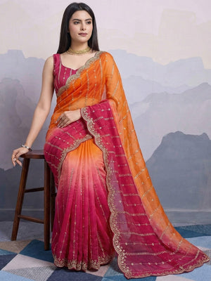 Stunning Orange & Rani Pink Ombre Organza Satin Silk Saree With Sequin Embroidery & Scalloped Border - Image 2
