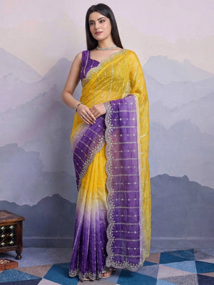 Stunning Yellow & Purple Ombre Organza Satin Silk Saree With Sequins Embroidery & Scalloped Border - Image 1