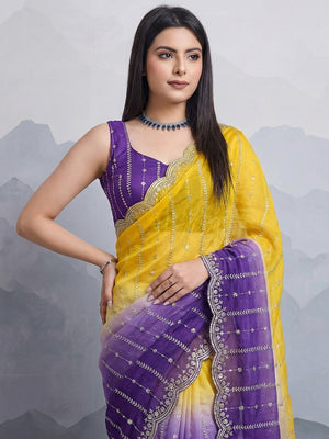 Stunning Yellow & Purple Ombre Organza Satin Silk Saree With Sequins Embroidery & Scalloped Border - Image 2