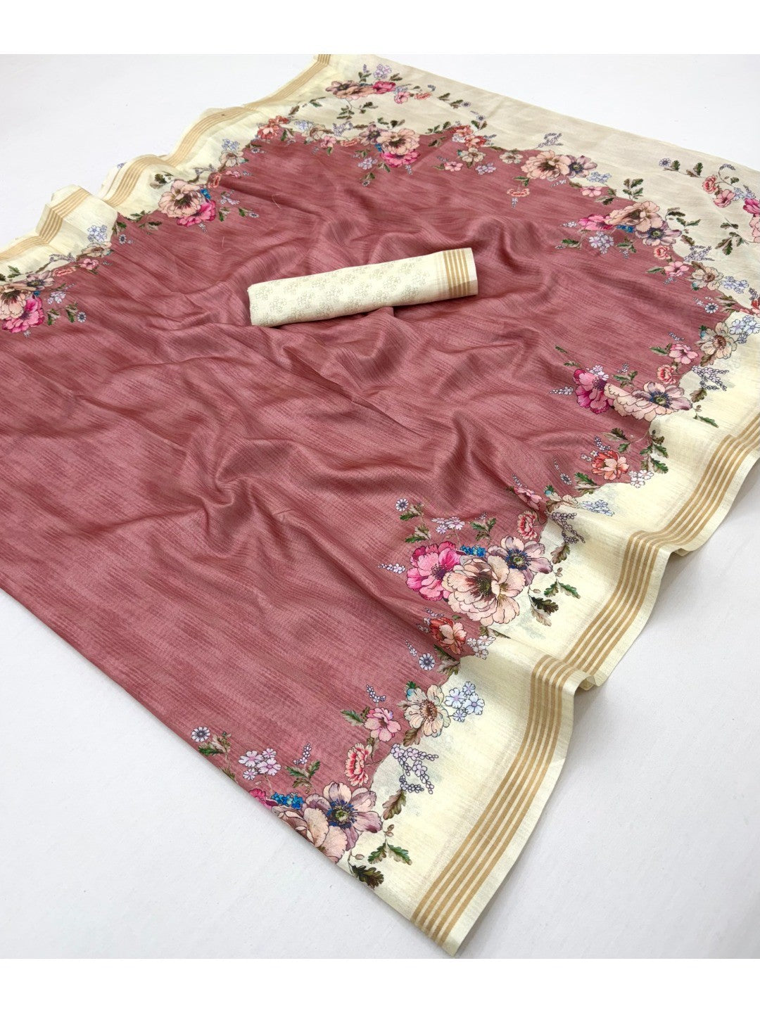 Elegant Dusty Pink Dola Silk Saree with Floral Digital Print and Zari Border - Image 3