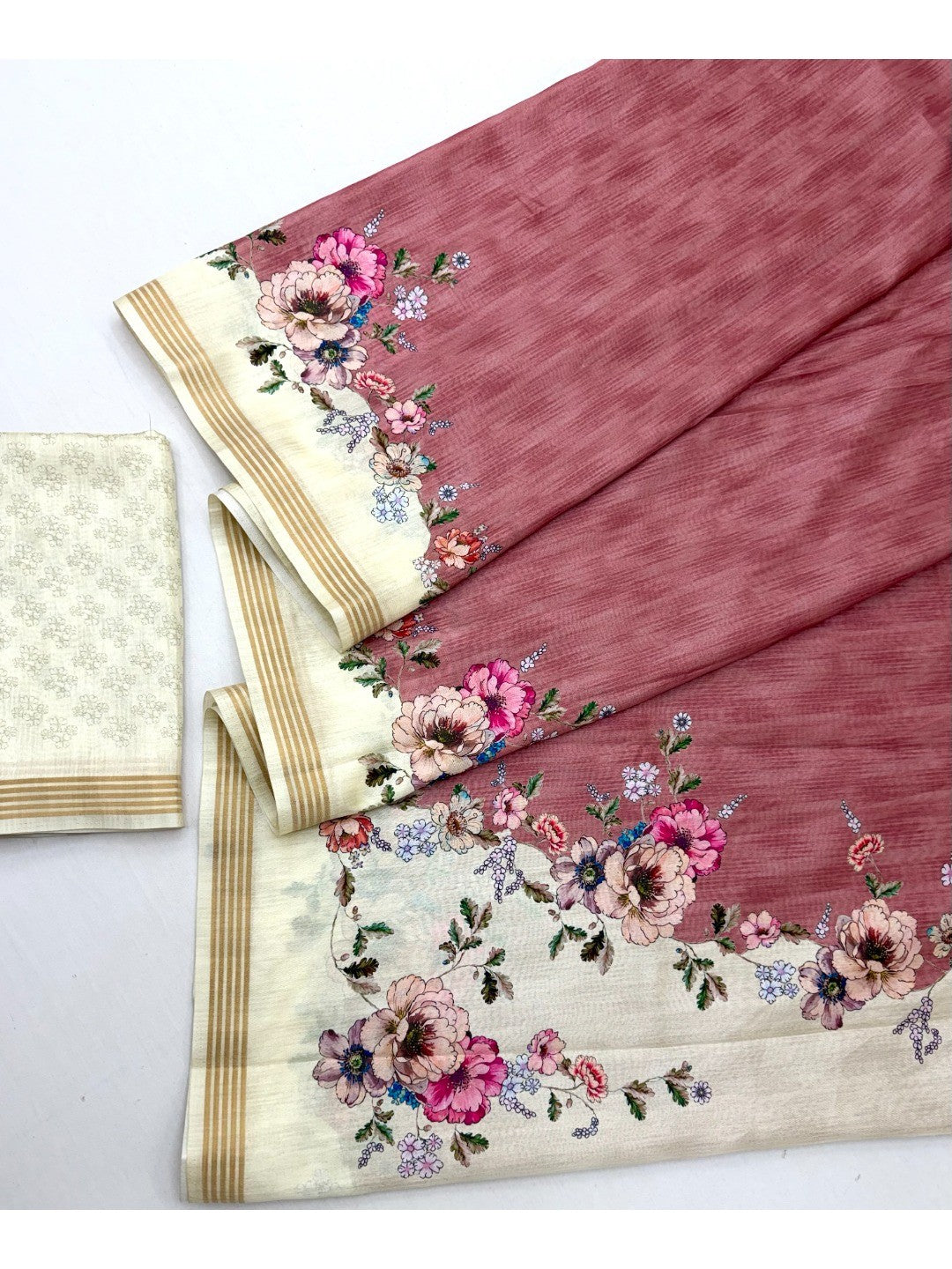 Elegant Dusty Pink Dola Silk Saree with Floral Digital Print and Zari Border - Image 2