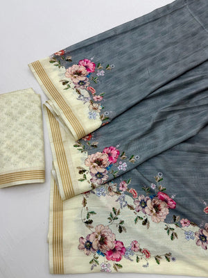 Elegant Grey Dola Silk Saree with Floral Digital Print and Zari Border - Image 2