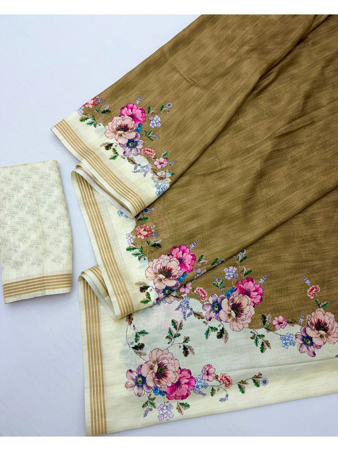 Elegant Olive Dola Silk Saree with Floral Digital Print - Image 2