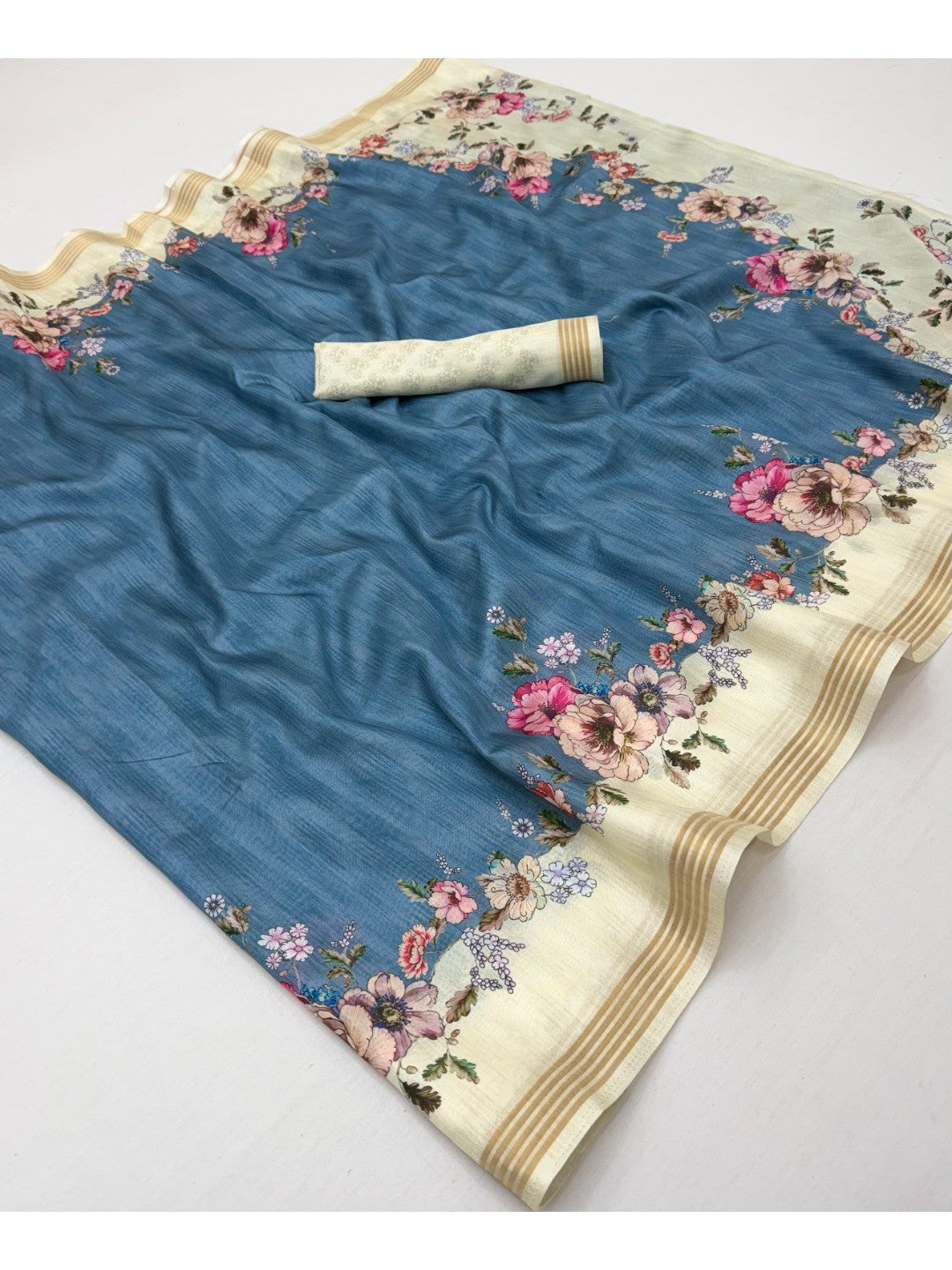 Elegant Blue Dola Silk Saree with Floral Digital Print and Zari Border - Image 3