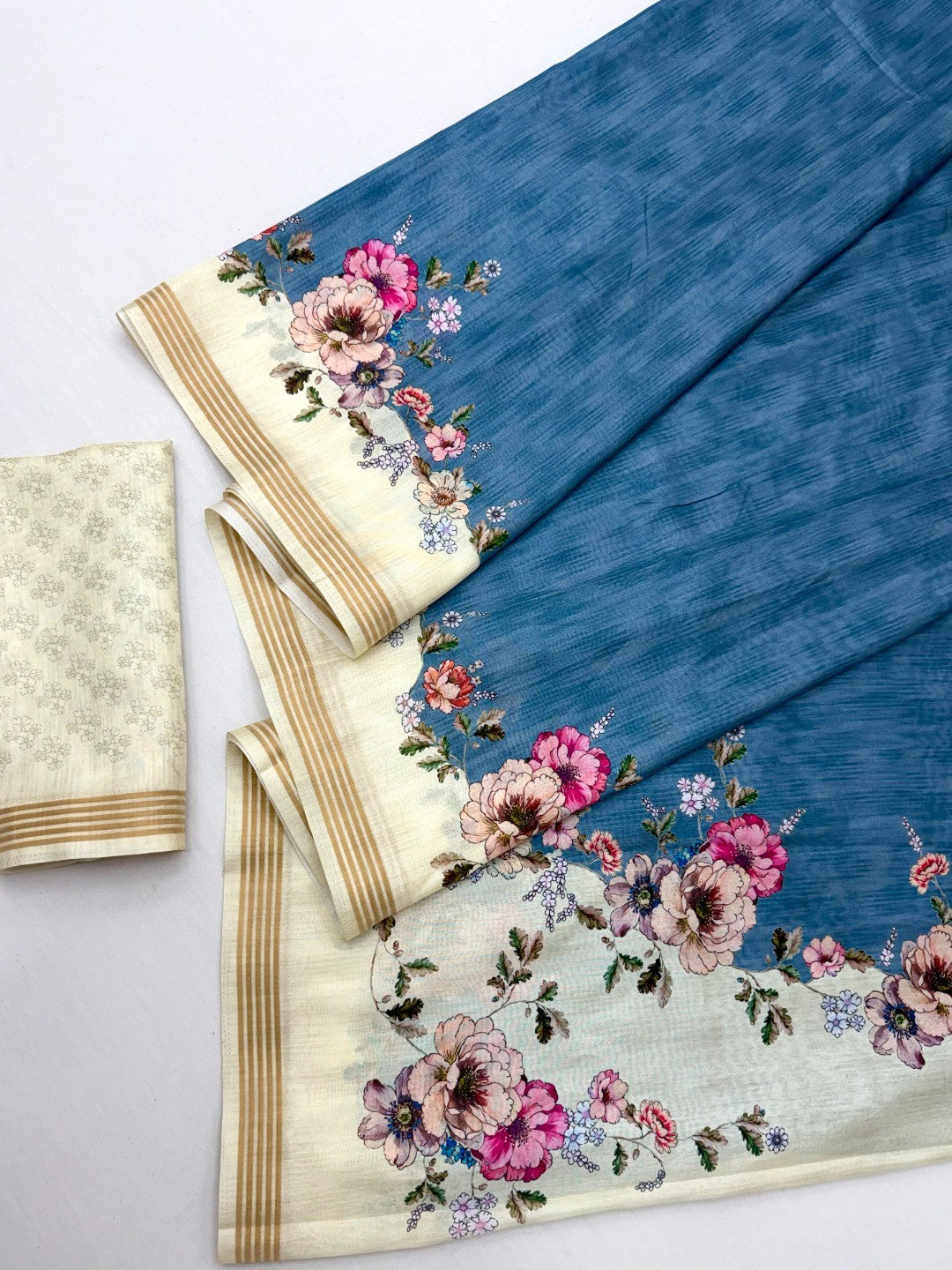 Elegant Blue Dola Silk Saree with Floral Digital Print and Zari Border - Image 2