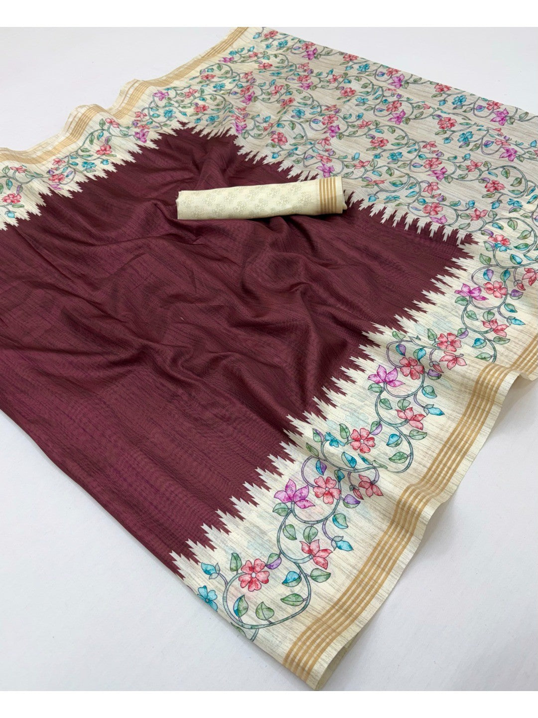 Luxurious Maroon Floral Digital Print Dola Silk Saree With Stylish Designer Work - Image 2