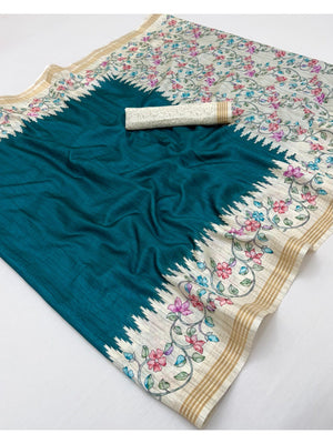 Luxurious Teal Floral Digital Print Dola Silk Saree With Stylish Designer Work - Image 2