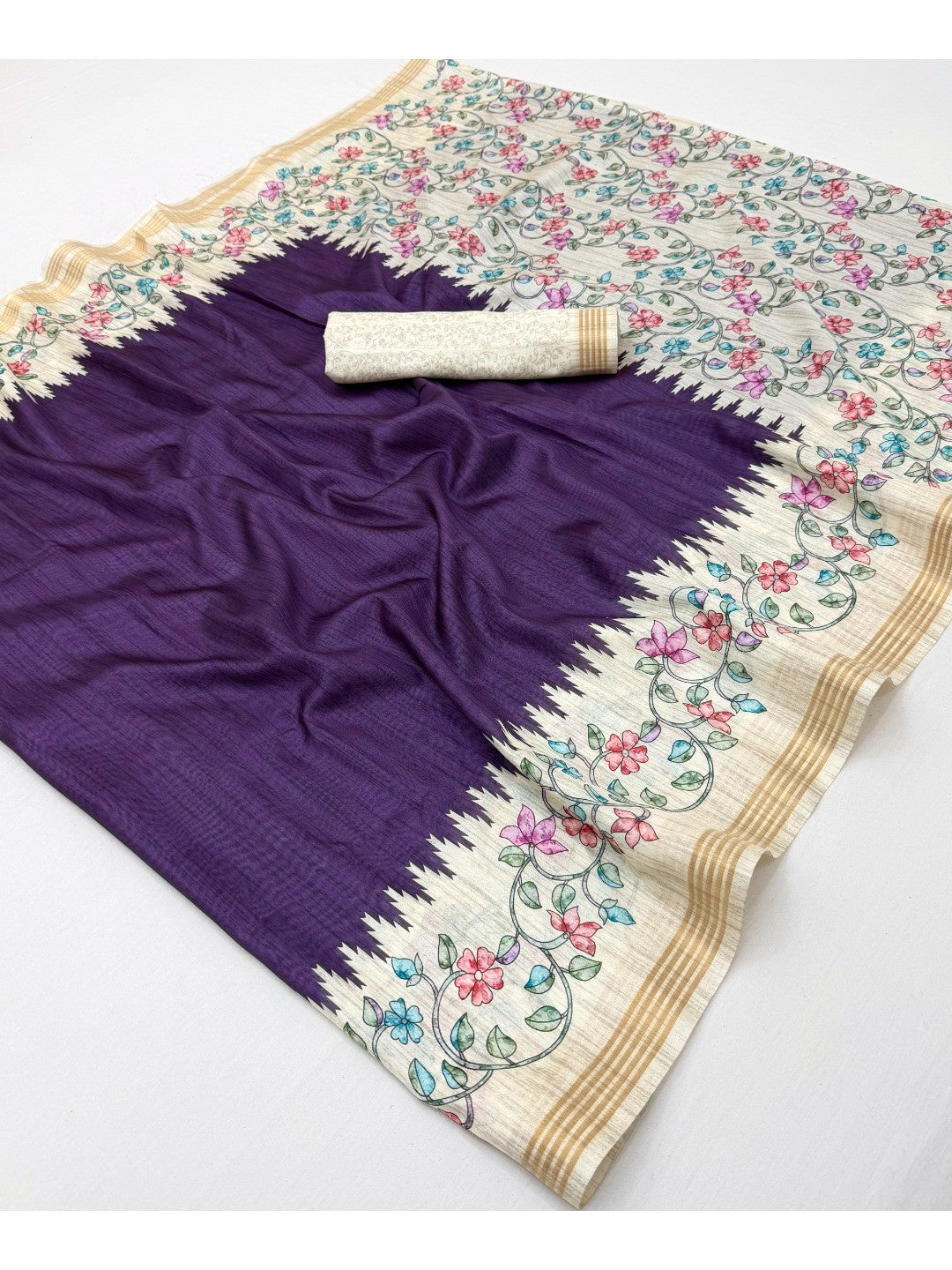 Luxurious Purple Floral Digital Print Dola Silk Saree With Stylish Designer Work - Image 2