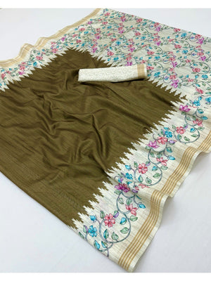 Luxurious Mehendi Green Floral Digital Print Dola Silk Saree With Stylish Designer Work - Image 2