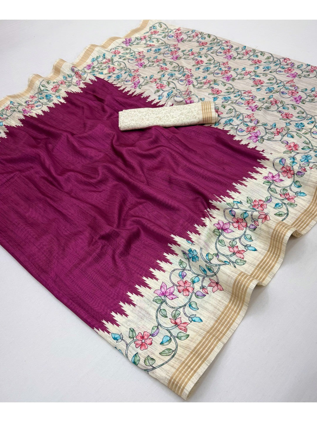 Luxurious Wine Floral Digital Print Dola Silk Saree With Stylish Designer Work - Image 2