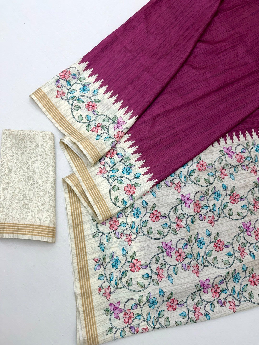 Luxurious Wine Floral Digital Print Dola Silk Saree With Stylish Designer Work - Image 3