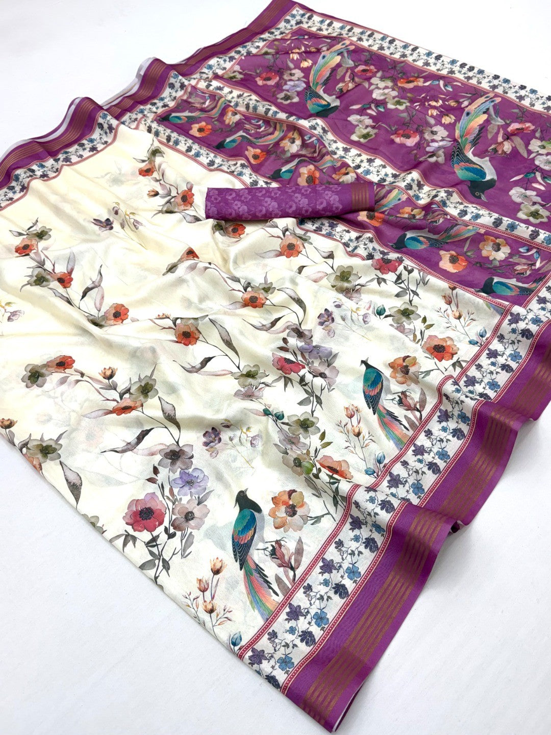 Elegant Offwhite & Magenta Dola Silk Saree with Vibrant Floral Digital Print - Image 3