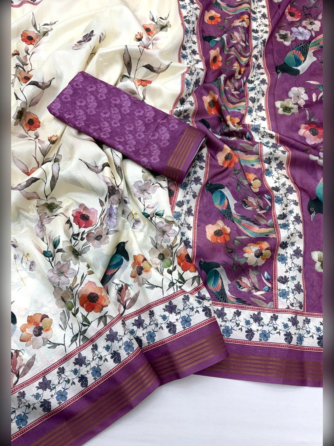 Elegant Offwhite & Magenta Dola Silk Saree with Vibrant Floral Digital Print - Image 2