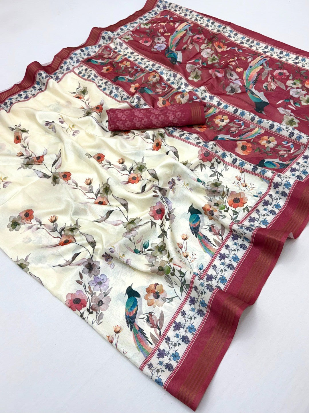 Elegant Offwhite & Maroon Dola Silk Saree with Floral & Digital Print - Image 3