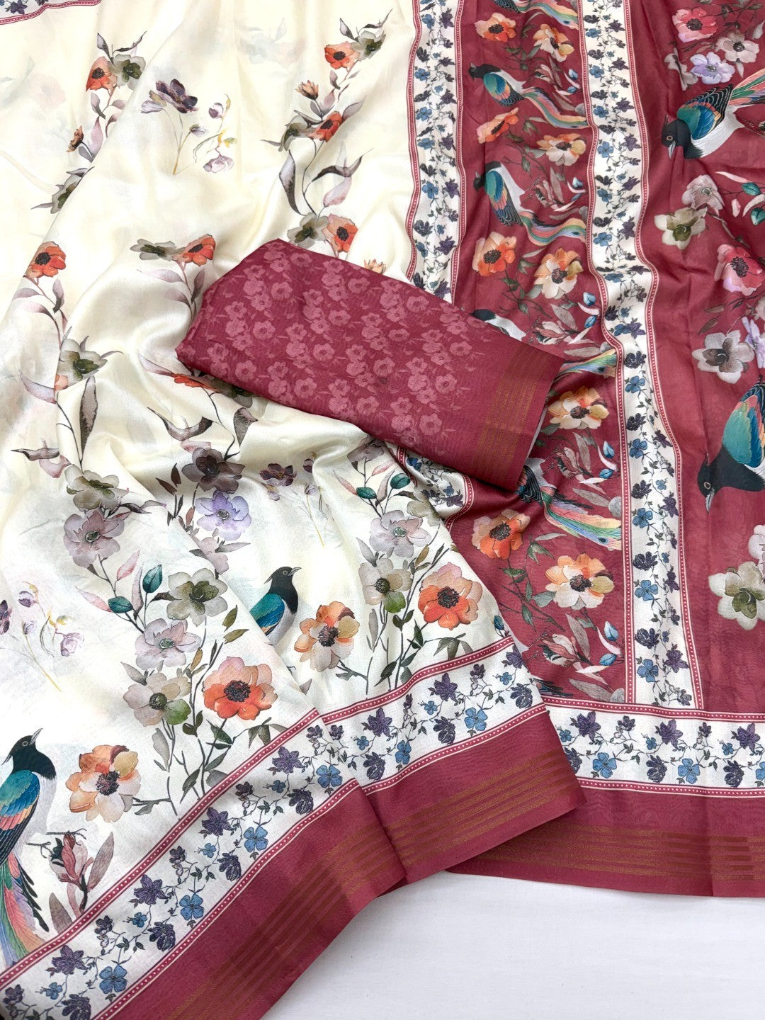 Elegant Offwhite & Maroon Dola Silk Saree with Floral & Digital Print - Image 2