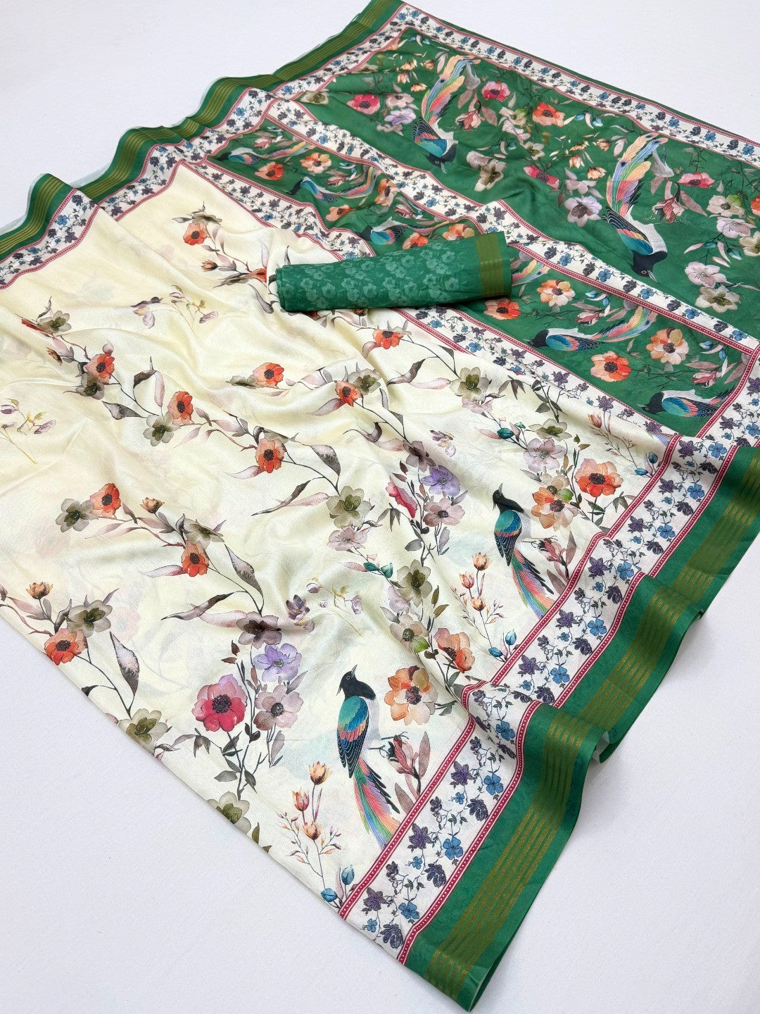 Offwhite & Green Dola Silk Saree with Floral Digital Print and Zari Work - Image 2