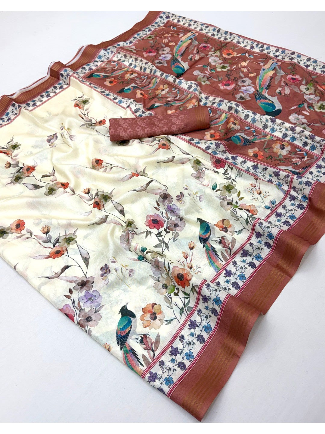 Elegant Offwhite & Brown Dola Silk Saree with Floral & Digital Print - Image 3