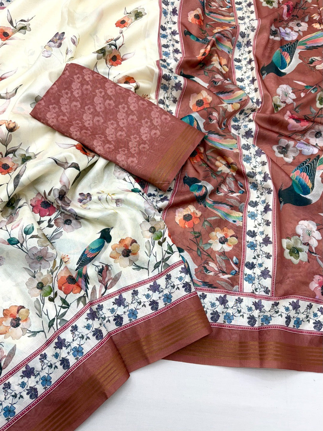 Elegant Offwhite & Brown Dola Silk Saree with Floral & Digital Print - Image 2