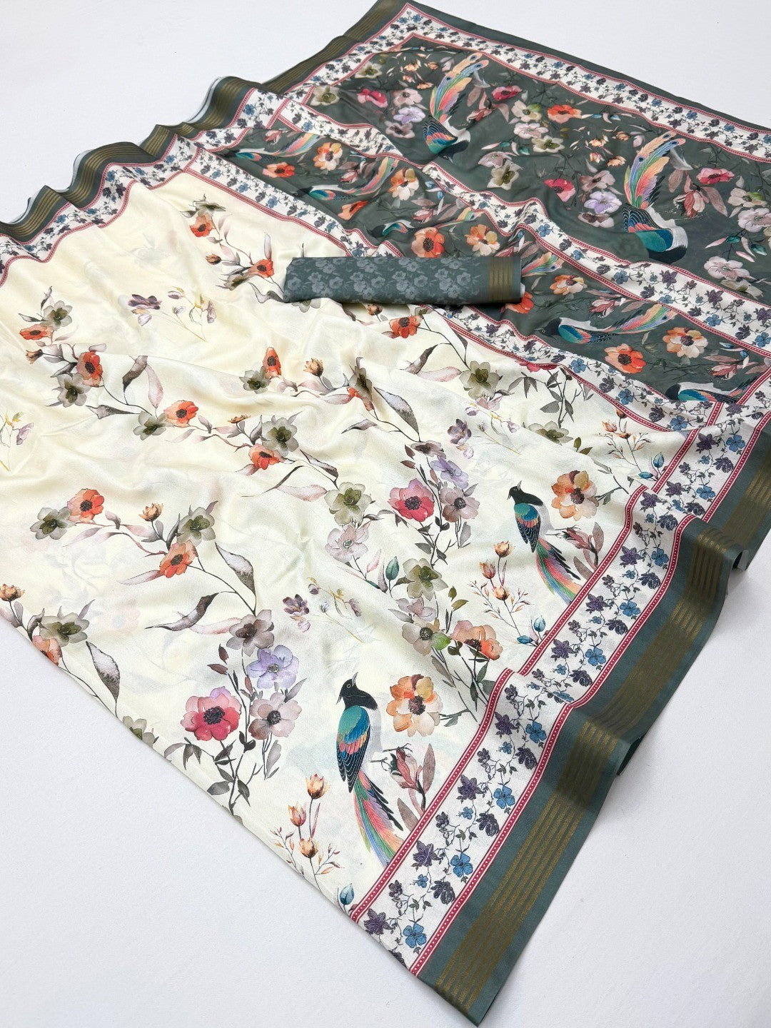 Elegant Offwhite & Grey Dola Silk Saree with Floral & Digital Print - Image 3