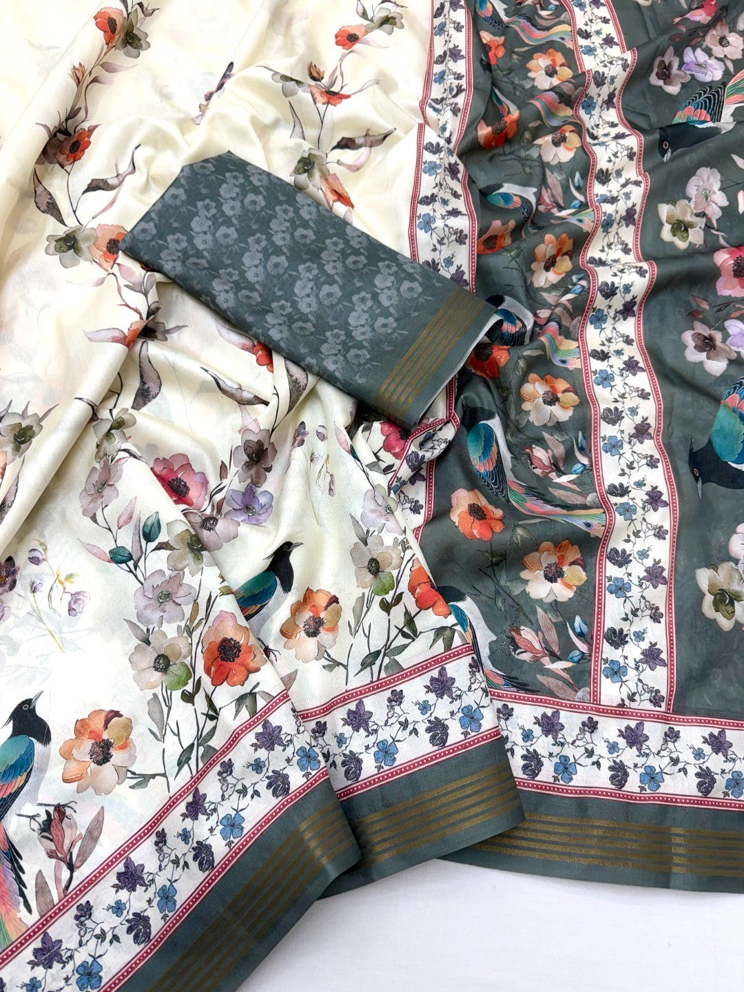 Elegant Offwhite & Grey Dola Silk Saree with Floral & Digital Print - Image 2